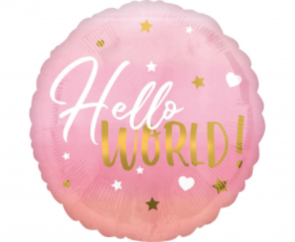 Różowy balon foliowy z napisem "hello world"