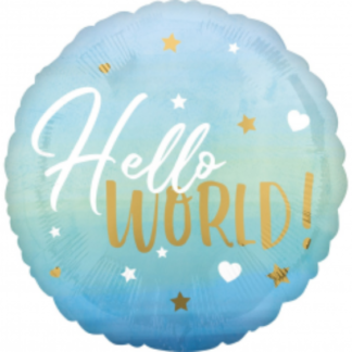 Niebieski balon foliowy z napisem "hello world"