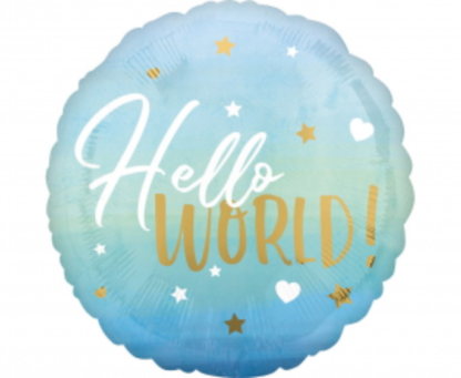 Niebieski balon foliowy z napisem "hello world"