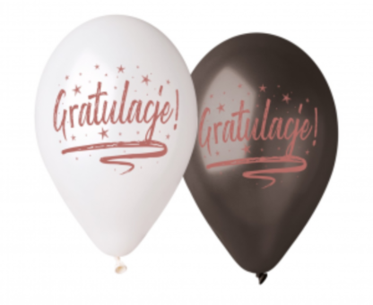 Biały i czarny balony lateksowe z napisami "gratulacje"