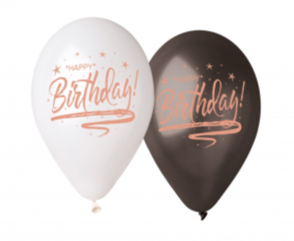 Biały i czarny balony z napisami "happy birthday"