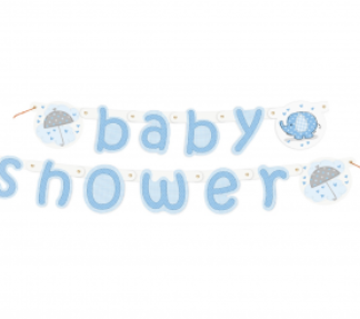 Niebieski baner z napisem "baby shower"