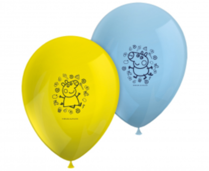 Żółty i niebieski balony lateksowe z świnką peppa