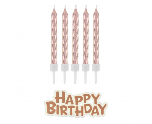 Różowe złoto świeczki na tort i napis "happy birthday"