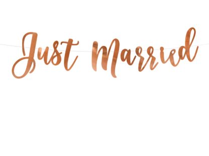 Baner w kolorze różowego złota z napisem "just married"