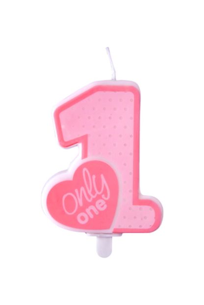 Różowa świeczka na tort w kształcie cyfry 1 i z napisem "only one"