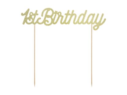 Złoty Topper w kształcie napisu "1st birthday"