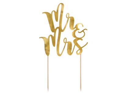 Złoty topper w kształcie napisu "Mr&Mrs"