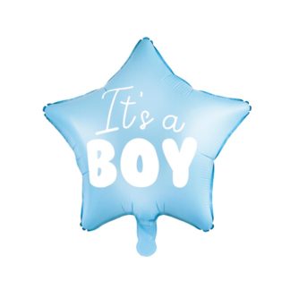 Niebieski balon foliowy w kształcie gwiazdki z napisem "it's a boy"