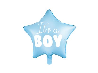 Niebieski balon foliowy w kształcie gwiazdki z napisem "it's a boy"