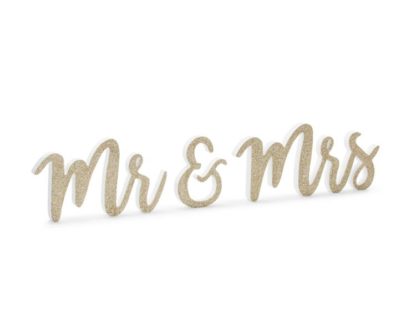 Złoty, drewniany napis "Mr&Mrs"