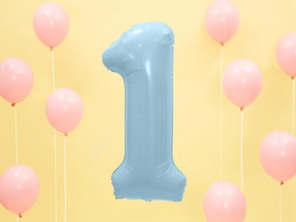 Niebieski balon foliowy w kształcie cyfry 1 i różowe balony