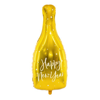 Złoty balon foliowy w kształcie butelki szampana z napisem "Happy New Year"