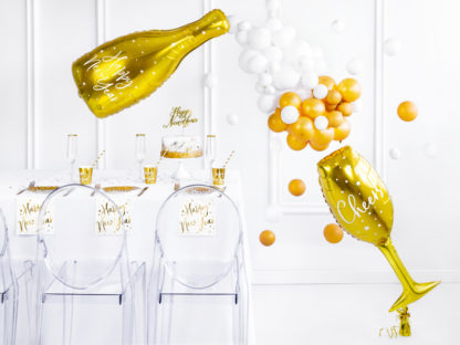 Złote balony foliowe w kształcie butelki szampana i kieliszka