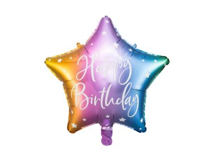 Tęczowy balon foliowy w kształcie gwiazdki z napisem "happy birthday"