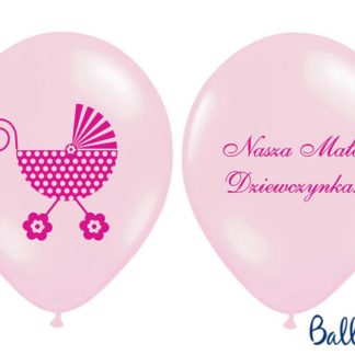 Różowy balon lateksowy ze wzorem na baby shower i napisem "nasza mała dziewczynka"