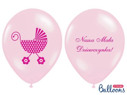 Różowy balon lateksowy ze wzorem na baby shower i napisem "nasza mała dziewczynka"