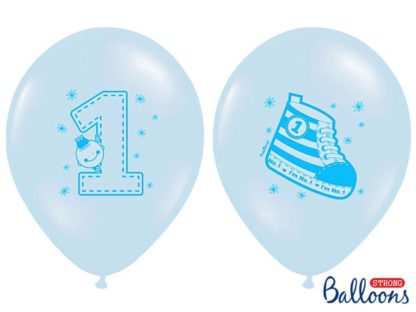 Niebieski balon z rysunkami na pierwsze urodziny