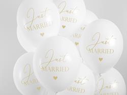 Zestaw białych balonów lateksowych z napisem "just married"