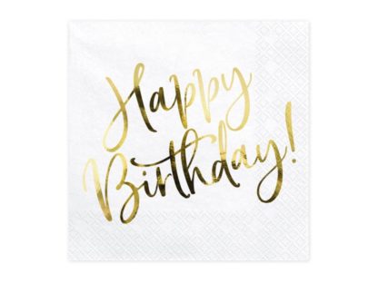Biała serwetka ze złotym napisem "happy birthday"