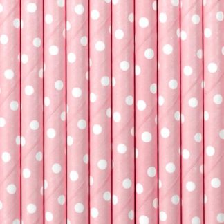 Różowe słomki papierowe w białe kropki