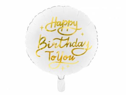 Biały balon foliowy ze złotym napisem "happy birthday to you"