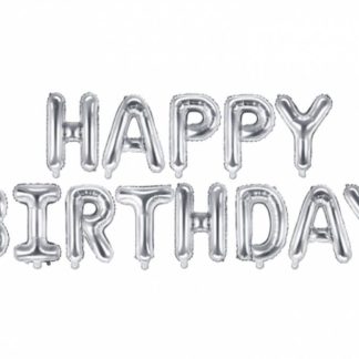 Srebrne balony w kształcie liter układające się w napis "happy birthday"