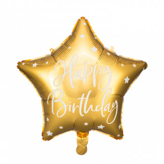Złoty balon foliowy w kształcie gwiazdki z napisem "happy birthday"