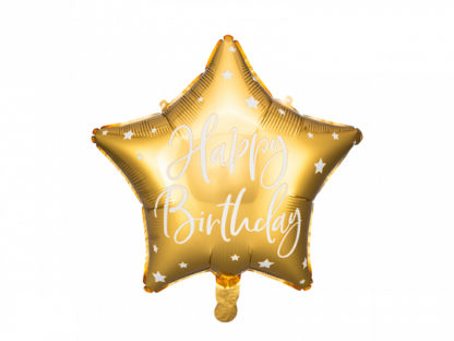 Złoty balon foliowy w kształcie gwiazdki z napisem "happy birthday"