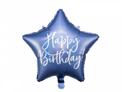 Granatowy balon foliowy w kształcie gwiazdki z napisem "happy birthday"