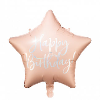 Pudrowy róż balon foliowy w kształcie gwiazdki z napisem "happy birthday"