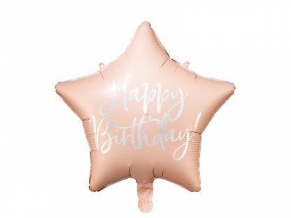 Pudrowy róż balon foliowy w kształcie gwiazdki z napisem "happy birthday"