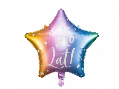 Tęczowy balon foliowy w kształcie gwiazdki z napisem "happy birthday"