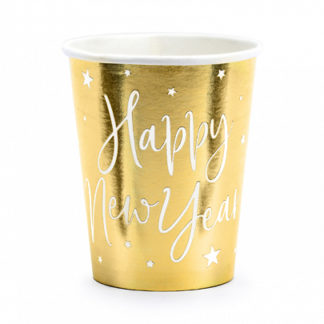 Złoty kubeczek papierowy z białym napisem "Happy New Year"