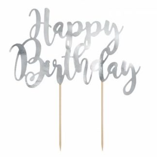 Srebrny topper na tort z napisem "happy birthday"