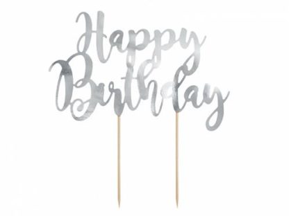 Srebrny topper na tort z napisem "happy birthday"