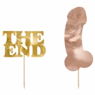 Topper na tort w kształcie napisu "the end" i penisa