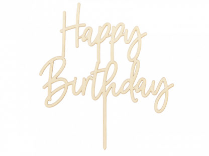 Drewniany topper na tort z napisem "Happy Birthday"