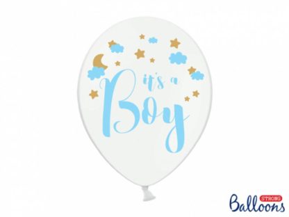 Biały balon lateksowy z niebieskim napisem na baby shower dla chłopca