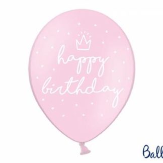 Różowy balon lateksowy z napisem "happy birthday"