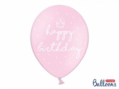 Różowy balon lateksowy z napisem "happy birthday"