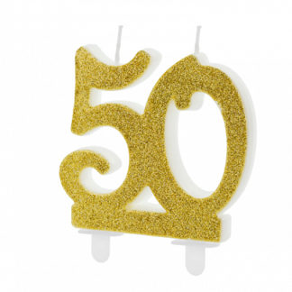Złota świeczka na tort w kształcie liczby 50