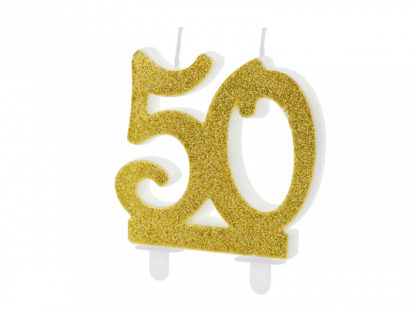 Złota świeczka na tort w kształcie liczby 50