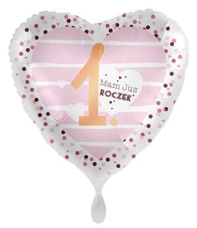 Różowy balon foliowy z napisem "Mam już roczek" w kształcie serca