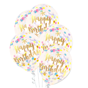 Balony z napisem Happy Birthday i konfetti