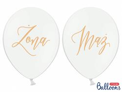 Białe balony lateksowe ze złotymi napisami "mąż" i "żona"
