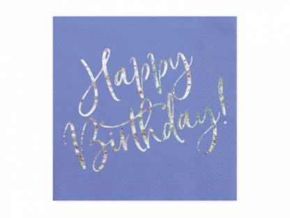 Granatowa serwetka ze srebrnym napisem "happy birthday"