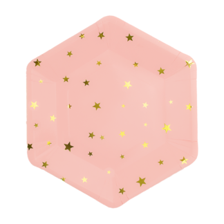 Różowe talerzyki papierowe ze złotymi gwiazdkami